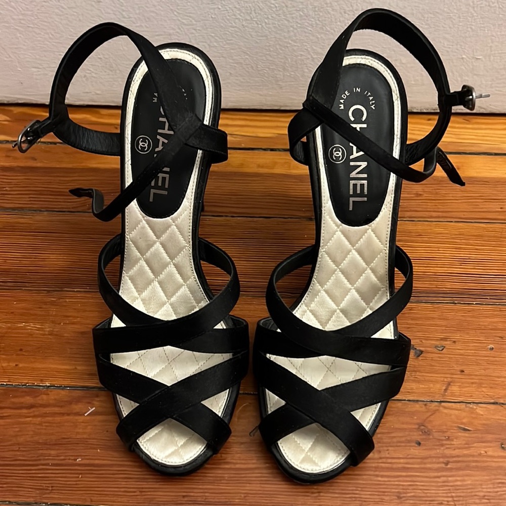 Like new Chanel black satin strappy sandals with crystals CC logo